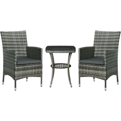 Image of Outsunny 3 Pieces Rattan Bistro Set, Wicker Garden Furniture Set with 2 Tier Coffee Table and Chairs, Washable Cushions, for Outdoor Patio Balcony, Mixed Grey