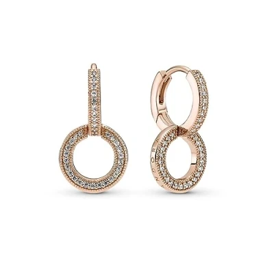 Image of Pandora Signature Sparkling Doube Hoop 14k rose gold plated earrings with clear cubic zirconia