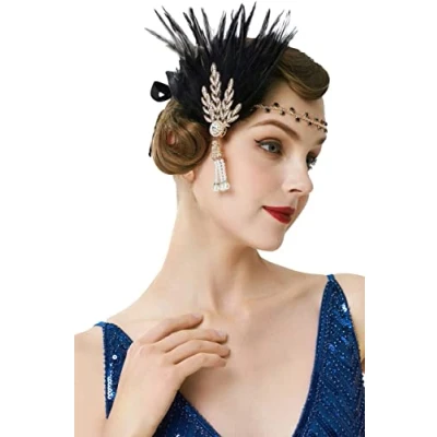 Image of BABEYOND 1920s Flapper Headpiece Feather Headband Great Gatsby Accessories Leaves Style for Art Deco Pageant Themed Party (Gold)