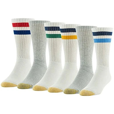 Image of Gold Toe Men&#039;s 656s Cotton Crew Athletic Socks, Multipairs, Stripe White/Light Blue Assorted (6 Pairs), Large (Pack of 6)