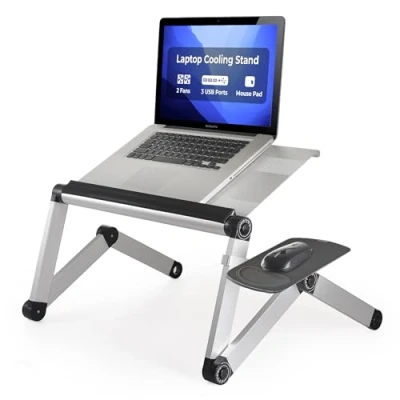 Image of WorkEZ Cool Adjustable Laptop Stand Ergonomic Lap Desk Standing Converter for Laptops Computer 2 Fans 3 USB Ports Mouse Pad height tilt angle aluminum bed couch riser table tray desktop silver