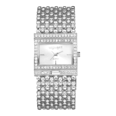 Image of JewelryWe Rectangular Bracelet Watch for Women: Iced Out Rhinestone Analog Quartz Gold Sliver Adjustable Dress Elegant Watches Gifts Girlfriend Mother Wife
