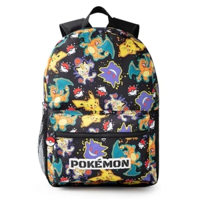 Image of Pokémon Pikachu Charizard Gengar Meowth Backpack in Black Kids Character All Over Print Bag Adjustable Shoulder Straps, Front Pocket &amp; Mesh Holder