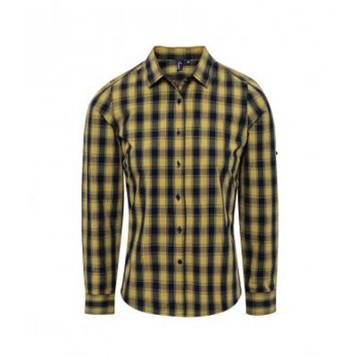 Image of Premier Unisex Womens/Ladies Mulligan Check Long Sleeve Shirt (Camel/Navy) Cotton Size Large
