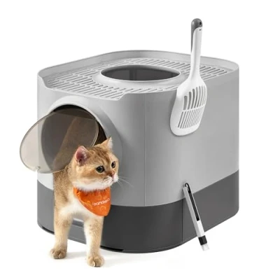 Image of Feandrea Cat Litter Box with Lid, XL Enclosed Top Entry, Slide Out Tray, Scoop, Brush, for Large Cat, Anti Tracking, Leaking, Dove Grey and Slat PPT002B01