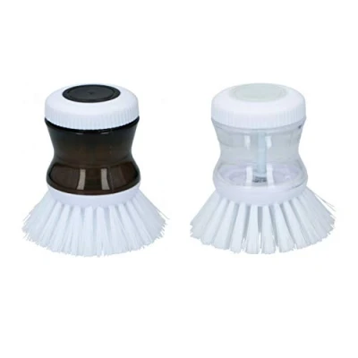 Image of Soap Dispensing Palm Dish Brush Kitchen For Dishes Pot Pan Sink Cleaning Small Scrubber Round With Built In Dispenser, Pack Of 2 (Blue &amp; Grey)