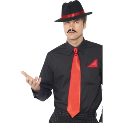 Image of Smiffys Gangster Kit, Red with Trilby, Tie &amp; Handkerchief, 1920&#039;s Razzle Fancy Dress, Adult Dress Up Hats