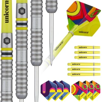 Image of Unicorn Professional Darts Set Flair 3 80% Natural Tungsten Barrels with Black &amp; Yellow Accents Laser Etched U Logo Hallmark Steel Tip 22 g Extra Flights Shafts