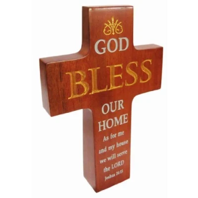 Image of Shalom Christian brown wood God Bless Our Home Cross 16cm standing desk gift wooden