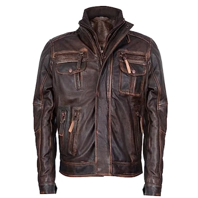 Image of Men&#039;s Warm Vintage Brando Brown Leather Biker Jacket 4XL