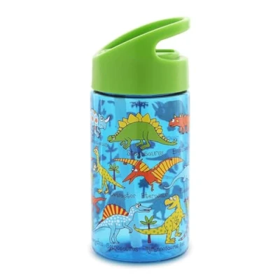 Image of Tyrrell Katz Kids Dinosaur Printed Flip Top Drinking Bottle in Blue with Straw Dishwasher Safe Lightweight Children&#039;s School Water Flask 400 ml