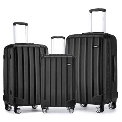 Image of Kono 3 Pcs Luggage Set Hard Shell Suitcase Light Weight ABS 4 Spinner Wheels Business Trip Trolley Case 19/24/28 Inch (Black Set)