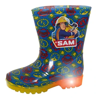 Image of Fireman Sam Light Up Wellington Boots For Boys Wellies Kids Flashing Lights Rain Shoes Blue 5 UK Child