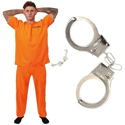 Image of Adults Unisex Prisoners Costume with Cuffs XX Large Orange Prisoner Top, Matching Trousers, Prop Handcuffs Cops &amp; Robbers, Halloween Fancy Dress