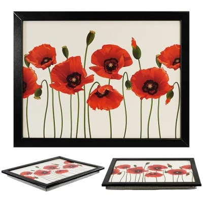 Image of Large Wooden Soft Padded Cushioned Bean Bag Lap Dinner Laptop Food TV Tray (Poppies)