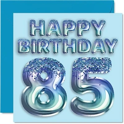 Image of 85th Birthday Card for Men Blue Glitter Party Balloon Happy Cards 85 Year Old Man Great Grandpa Grandad Dad Gran, 145mm x Eighty Five Fifth Bday Greeting Gift