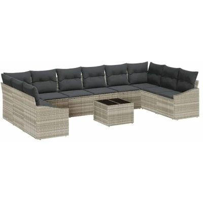 Image of vidaXL 11 Piece Garden Dining Set with Cushions Grey Poly Rattan