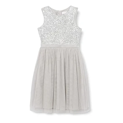 Image of Maya Deluxe Girl&#039;s Midi Dress Sequins Embellished Party Tutu Bridesmaids Wedding with Belt Bow, Soft Grey, 5 Years