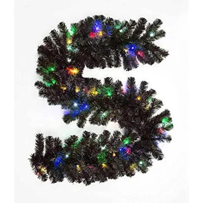 Image of SHATCHI 2m/200cm Pre Lit Black Christmas Garland Alaskan Pine for Fireplaces Home Wall Door Stair Artificial Xmas Tree Garden Yard Decorations with 50 Multicolour LEDs,SHATCHI