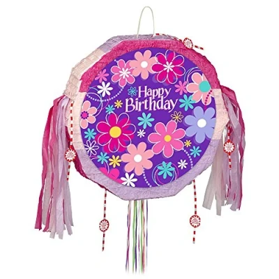Image of Birthday Blossom Multicolor Round Drum Pull Pop Out Pinata (46cm) 1 Count Fun Party Activity for All Ages