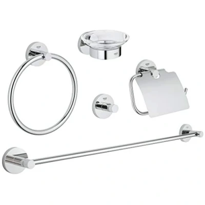 Image of GROHE Essentials Bathroom Accessory 5 Piece Set (Towel Ring, Towel Rail, 60 cm, Robe Hook, Toilet Paper Holder with Cover, Soap Dish Holder), Material: Glass and Metal, Chrome, 40344001