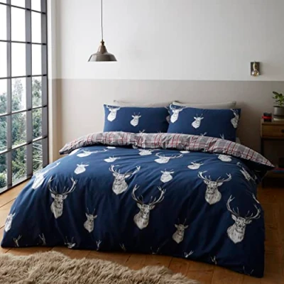 Image of Catherine Lansfield Monro Stag Check Navy Duvet Cover Set 160 x 200 + 50 80 cm