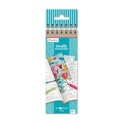 Image of Avenue Mandarine Ref GY038O Graffy Bookmark Colouring Pad Mandala &amp; Flower Designs Spiralbound Notebook, 14.5cm x 6cm, 24 Bookmarks to Colour, 12 Designs, 250gsm Paper