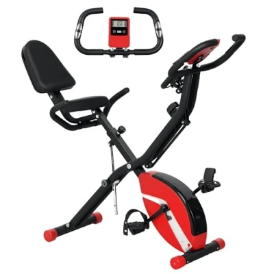 Image of SPORTNOW 5 In 1 Folding Exercise Bike with Arm Workout Bands, 8 Level Magnetic Resistance Foldable LCD and Tablet Holder, Hand Pulse Sensor for Home Use Indoor Cycling, Red