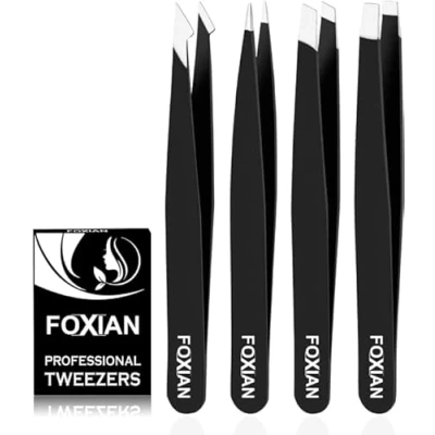 Image of Foxian Tweezers for Facial Hair Women Stainless Steel Eyebrow Slanted Tip Accurate &amp; Precise Grooming of Eyebrows Professional Men
