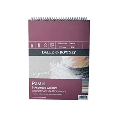 Image of Daler Rowney Ingres, Pastel Paper, Laid Texture, 160 gsm, 109lb, Spiral Pad, 9 x 6in approx. 22.9 15.2 cm, 6 Assorted Colours, 24 Sheets