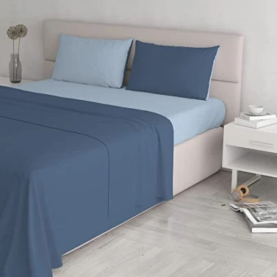 Image of Italian Bed Linen Natural Colour Sheet Set, Cotton, Avio/Light Blue, Double