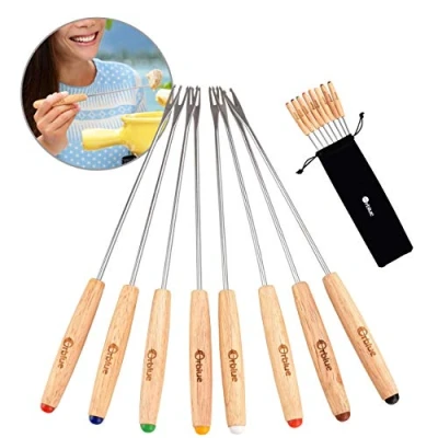 Image of Orblue Set of 8 Fondue Forks Color Coded Stainless Steel Skewers with Natural Oak Wood Handles 9.5 Inches Long Chocolate