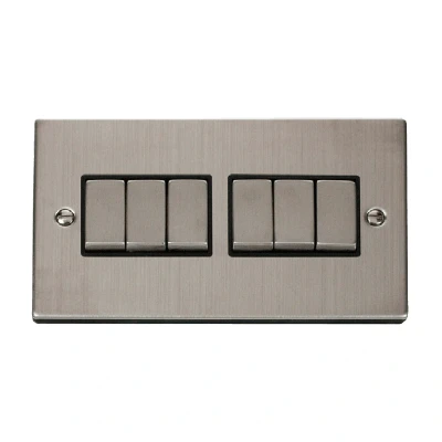 Image of Click Deco 6 Gang 2 Way Ingot 10AX Switch Stainless Steel Black Inserts
