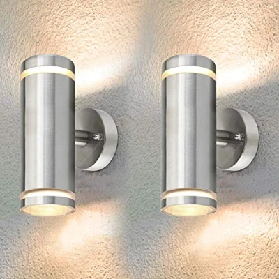 Image of Long Life Lamp Company 2 x Exterior Outdoor Up Down Wall Light IP65 Transparent Diffuser Stainless Steel ZLC308 F Use with LED GU10 Bulb Only