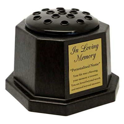 Image of Black Grave Memorial Graveside Flower Vase with Gold In Loving Memory Plaque Enter Your Own Custom Text (Personalised Name)
