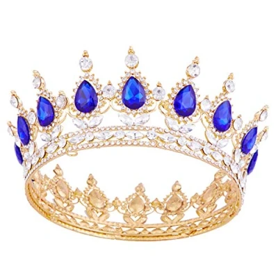 Image of Crowns for Women, Vofler Queen Tiara Baroque Vintage Gold Headband Sapphire Blue Crystal Rhinestone Hair Decor Lady Girl Bridal Bride Princess Prom Birthday Wedding Pageant Halloween Costume Party
