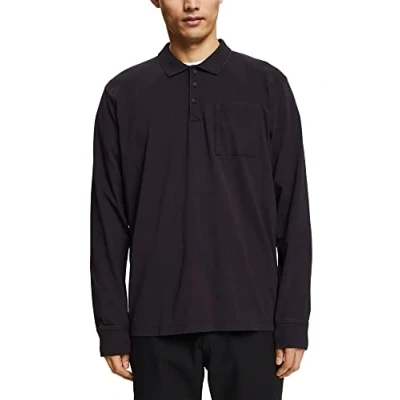 Image of ESPRIT Long sleeved jersey polo, 100% cotton, black, XL
