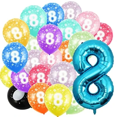Image of 8nd Birthday Balloons,Blue Number 8 Balloon and 20pcs 12&quot; Multicoloured Numbers Printed Latex Age Balloons,Birthday Balloons for Girls Boys Decorations,8nd Anniversary Party Supplies