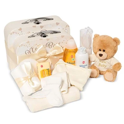 Image of Baby Box Shop Neutral Gift Set 2 Keepsake Boxes Filled with 12 Gifts Hampers Baskets Unisex, New Parents Hamper Newborn Sets Cream