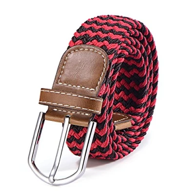 Image of DonDon Braided stretch belt elastic for women and men length 39 to 51 inch 100 cm 130 black red
