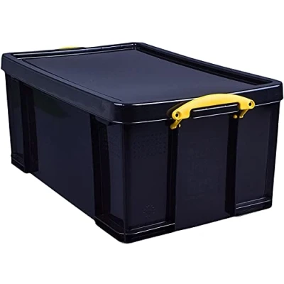 Image of Really Useful Plastic Storage Box 48 Litre Solid Black with Yellow Handles