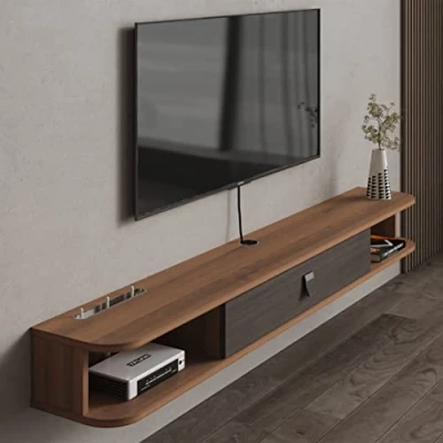 Image of Pmnianhua Floating TV Unit, Wall Mounted Cabinet, Shelves with Door, Modern Entertainment Media Console Center Large Storage Bench for Living Room &amp; Office (180cm, Dark Brown)