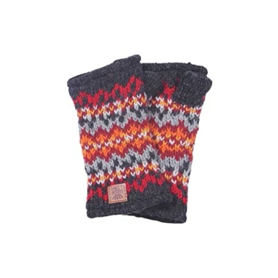 Image of Women Wool Hand Warmers Fleece Lined Handknitted Fair Isle Multicoloured One Size Handmade Extra Warm Pachamama Trade (Charcoal)