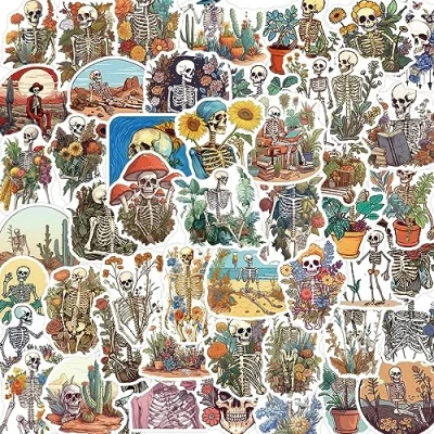 Image of 50Pcs Skeleton Stickers Laptop Car Scrapbook Phone Skateboard Suitcase Luggage Bike Vinyl Waterproof Aesthetic Personalised for Teens Boys Girls Adults Children