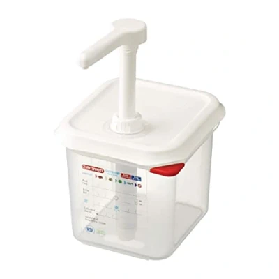 Image of Araven Sauce Dispenser 2.6 Litre with Pump, Clear, Pumps 30 ml Doses, Material: Polypropylene, Size: 1/6 GN, Freezer Safe up to 40C, BPA Free, Dishwasher Safe, CR820