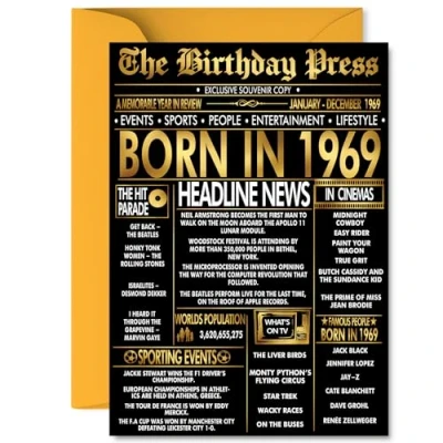 Image of Gold 56th Birthday Card for Men Women Black &amp; Golden Newspaper Born in 1969 Happy 56 Cards Husband Brother Nan Colleague Grandma Auntie, A5 Bday Greeting