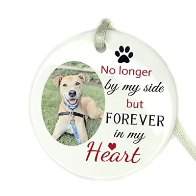 Image of GuteGifts Personalised Photo Pets Dog Cat Memorial Bauble Ceramics Ornaments Christmas Xmas Tree Decoration Hanging Sign Keepsake No longer by my side but forever in heart, White