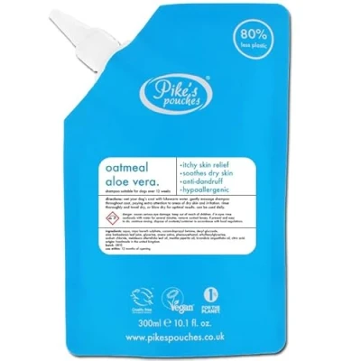 Image of Oatmeal Aloe Vera Dog Shampoo for Dry Itchy Flaky Skin 300ml Gentle on Sensitive &amp; Hypoallergenic Natural Soothing Anti Itch, Dandruff Allergy Relief Conditioner Pikes Pouches