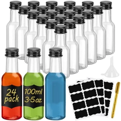 Image of WenYa 48 Pack Mini Liquor Bottles, 100ml Empty Small Plastic Bottles with Lids (Leak Proof Black Screw Caps), Reusable Miniature Alcohol Labels Funnel for Weddings Parties