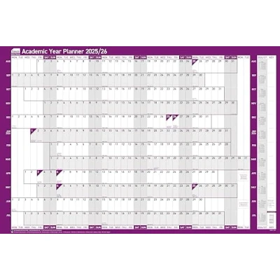 Image of Sasco 2025 2026 Academic Year Wall Planner, August to July School &amp; University Planner Set, Paper Large Whiteboard Poster Style Dry Erase Calendar, Purple, 915x610mm, 2410251